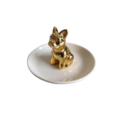 Imagem de Porta Aneis Ceramica Gold Dog Branco 10,3X10,3X7