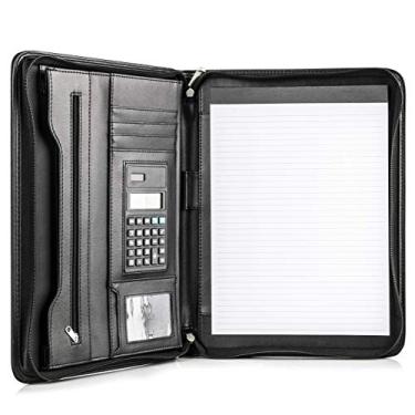 Imagem de Bolsa de couro vegano COSSINI preta superior para negócios com zíper – Padfolio All-in-One – Capa para tablet com proteção inteligente de 25,4 cm, compartimento para apresentação, calculadora solar, espaço para cartão, bloco de anotações