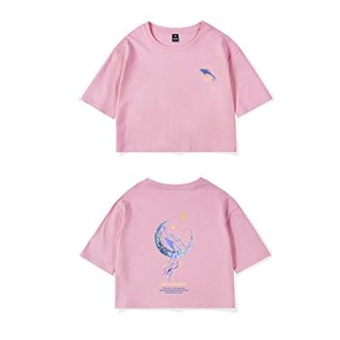 Imagem de FCSHFC Curta Camiseta Algodão Impressão Femininas Manga Curta Gola Careca de Treino Esportivo Clássico Básica Solta Com Festa Moda Top (Color : Pink, Size : S)