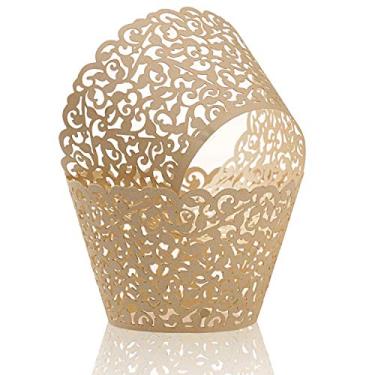 Imagem de KPOSIYA Pacote com 120 embalagens de cupcake para bolos artísticos, copos de papel, vinha, desenhado a laser, cupcakes, formas para assar, xícaras, bandejas para casamentos, chás de bebê, festas, aniversários, Bege, 120