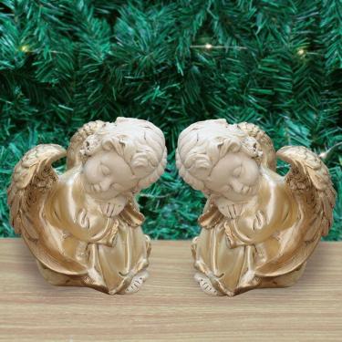 Imagem de Par De Anjos De Gesso Madrepérola Sentado Estátua Decorativa 11cm