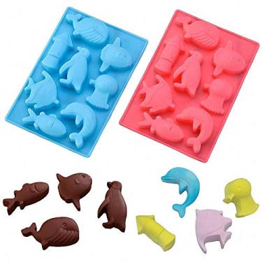 Imagem de 2 peças de molde de chocolate marinho, bandejas de cubo de gelo de silicone para animais do mar, bandejas de peixe baleia, golfinho, pinguim, polvo, silicone, gelatina, mini sabonete, gesso, molde de resina epóxi