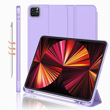 Imagem de iMieet Nova capa para iPad Pro de 11 polegadas 2021 (3ª geração) com suporte para lápis [suporta iPad 2ª carga de lápis/par], capa inteligente com suporte de três dobras com parte traseira de TPU macio, despertar/dormir automático (roxo escuro)