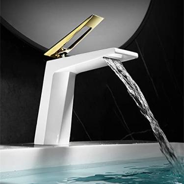 Imagem de Torneira de lavatório de latão maciço para banheiro Torneira branca em cascata Torneira de lavatório com água quente e fria Design de alça oca, SLT147W