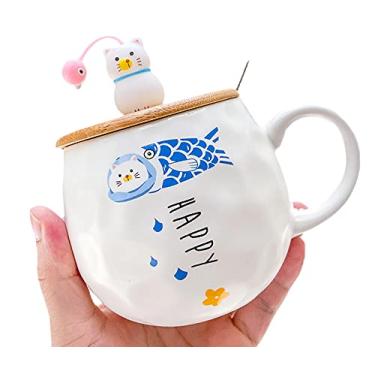 Imagem de Caneca de unicórnio com colher de tampa 3D linda xícara de chá de café de cerâmica conjunto de canecas de casal presente de aniversário para mulheres amantes de amigos (gato de peixe, 450 ml)
