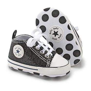 Imagem de KIDSUN Tênis unissex de cano alto para bebês meninos e meninas sola antiderrapante para recém-nascidos primeiros passos sapatos jeans de lona, B02 - lantejoulas, preto, 12-18 Meses