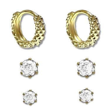 Imagem de Trio de Brincos Argolinha Texturizada e Duas Zirconias Banhado a Ouro 18K 