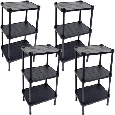 Imagem de 4 Estantes de Plástico Modular Multiuso 3 Prateleiras 1 Torre Preta Montável 39 Kg Qual...