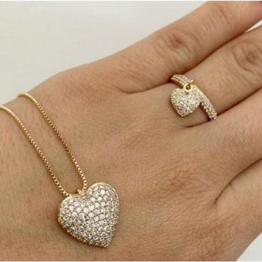 Imagem de Conjunto Gargantilha + Anel Coração Pendurado Cravejado Banho De Ouro