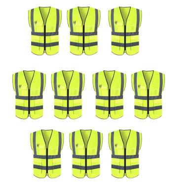 Imagem de Colete Faixa Sinalizador Refletivo Kit 10 Unidades Trabalho EPI Segurança Blusao Ziper Fluorescente Obra Proteçao