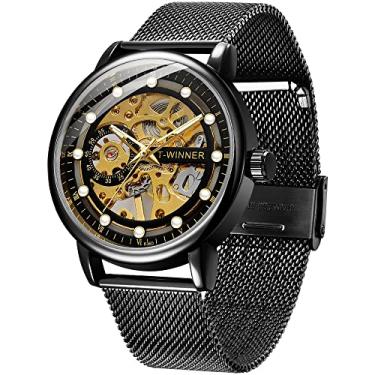 Imagem de Relógio esqueleto, masculino, mecânico, luminoso, com algarismos romanos, pulseira de malha, à prova d'água, corda manual, Tendência