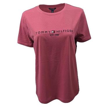 Imagem de Tommy Hilfiger Camiseta feminina de algodão de desempenho – Camisetas estampadas leves, Vermelho (Est. 1985), P