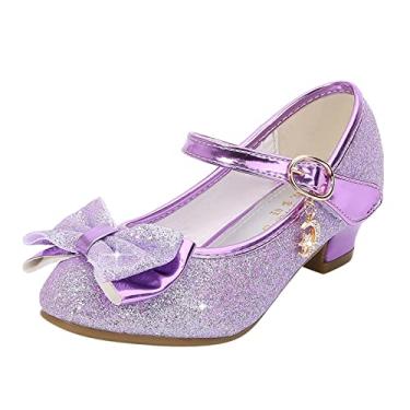 Imagem de CsgrFagr Sapatos sociais infantis para meninas Mary Jane sapatos para meninas sapatos de princesa sapatos de salto baixo infantil com glitter para casamento, Roxa, 4.5 Big Kid