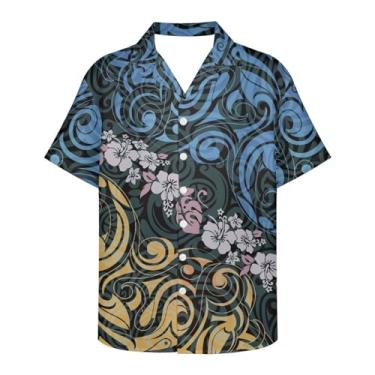 Imagem de Gzzxiailg Camisa masculina macia de manga curta havaiana, gola cubana, casual, tropical, praia, blusa, túnica, saída de praia, Estampa floral da Polinésia, PP