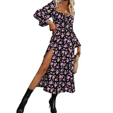 Imagem de Vestido feminino feminino manga comprida dividido com cadarço estampado vestido longo fashin insgram estilo gola quadrada/1396 (Color : Purple, Size : Large)