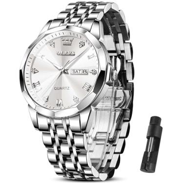 Imagem de OLEVS Relógios masculinos de luxo (prata/ouro/azul/preto) (diamante/numeral romano/algarismos árabes) Relógio de aço inoxidável com mostrador à prova d'água vestido casual reloj, Pulseira de prata com rosto de prata - 9931, Round, relógio de negócios masculino