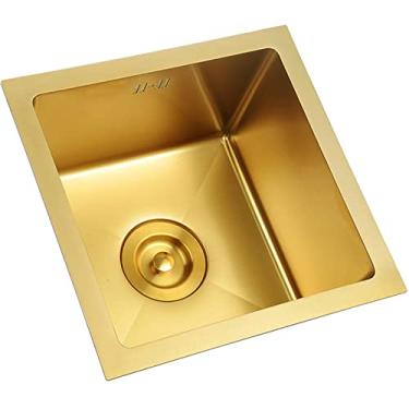 Imagem de Gold Bar Prep Mini trompete Kitchen Essential Pia utilitária quadrada de aço inoxidável de 38 cm com rolha de filtro de drenagem dourada, suporte inferior de tigela única ou Drop-In
