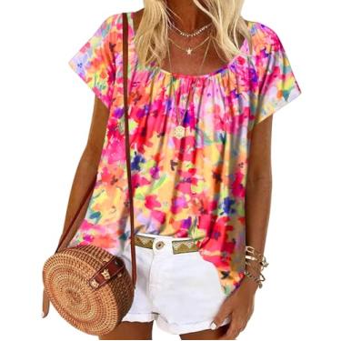 Imagem de HOTOUCH Túnica feminina de verão camisas de manga curta gola redonda blusa casual solta plissada tops P-GGG, Floral multicolorido, M