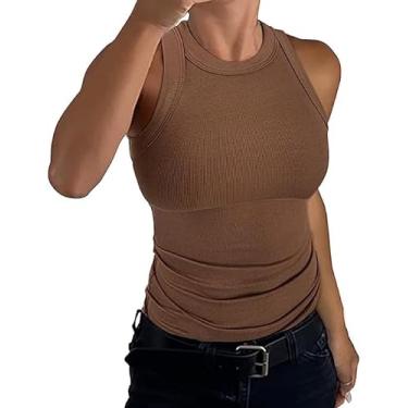 Imagem de THKIOWO Regatas femininas verão sem mangas básicas cor sólida camisas gola redonda malha canelada blusas slim fit, Marrom, XXG
