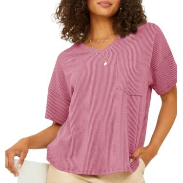 Imagem de Tankaneo Camisetas femininas de manga curta gola V de malha folgada com ombro caído com bolso, rosa, P