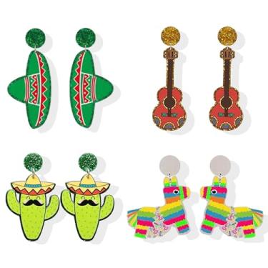 Imagem de 4 pares de brincos de cinco de maio para mulheres, brincos mexicanos, fofos, engraçados, raquete de pimenta, cavalo, arco-íris, chapéu de cavalo, brincos mexicanos, joias para presentes, Metal, Sem