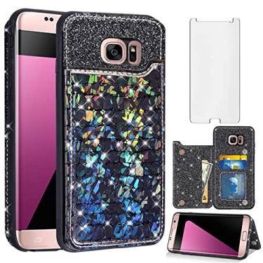 Imagem de Asuwish Capa carteira para Samsung Galaxy S7 com protetor de tela de vidro temperado e suporte para cartão de crédito celular de couro brilhante Glaxay S 7 7s GS7 SM-G930V G930A mulheres meninas preta