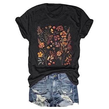 Imagem de Camiseta feminina com estampa de flores boêmias, vintage, estampa de flores silvestres, casual, botânica, manga curta, Preto - 11, XXG