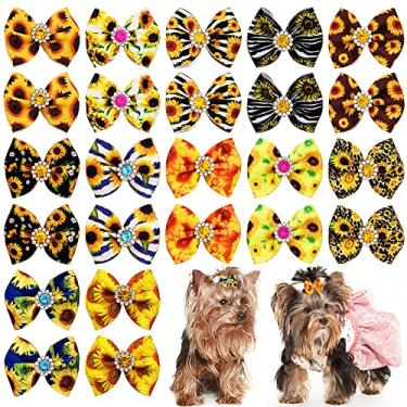 Imagem de JpGdn 24 peças/12 pares de laços de pelo de cachorro com faixa de borracha padrão de girassol outono para meninas gato feminino coelho filhote poodle top nó elástico cabelo laço acessórios de higiene anexo..