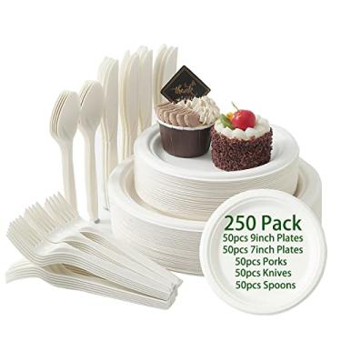 Imagem de kistou Conjunto de pratos de papel compostáveis com 250 peças, pratos e utensílios biodegradáveis resistentes, talheres descartáveis ecológicos, inclui garfos, facas e colheres de pratos de papel de