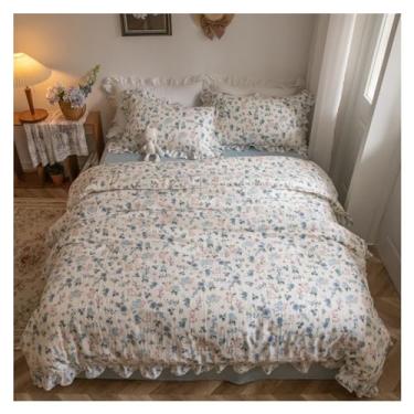 Imagem de Jogo de cama 100% algodão King floral 3/4 peças, capa de edredom com babados compatível com todas as estações, respirável, durável, lençol de cama (lençol com elástico B_King)