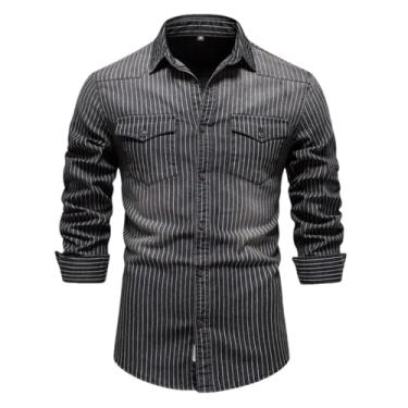 Imagem de Camisas jeans masculinas de algodão listradas stretch manga longa preta cargo jeans blusas casuais slim caubói para homens, BLAKC, PP