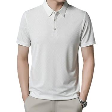 Imagem de Polos masculinos de poliéster cor sólida malha camisa manga curta stretch leve ajuste regular atlético respirável(Color:White,Size:XL)