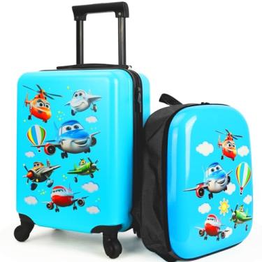 Imagem de emissary Conjunto de bagagem infantil – Malas de mão com rodas para meninos e meninas, Avião, 12.2 inches x 7.48 inches x 17.32 inches, Avião azul