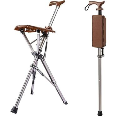 Imagem de Combinação de assento de cana dobrável - capacidade de 400 libras, banco de cana portátil prático com logotipo, bengala alta de altura ajustável para idosos - alumínio grosso, unissex, marro