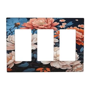 Imagem de Placa decorativa para interruptor de luz, flores vermelhas, brancas, vintage, folhas azuis, botânicas, 3 grupos, placas de parede com balancim triplo, placas de interruptor GFCI e capas de tomada para