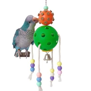 Imagem de Brinquedos de mastigar pássaros pullable pendurado pássaro colorido brinquedos de bola de plástico com rolhas para papagaio pequeno e médio quaker periquito periquito periquito sol conures acessórios