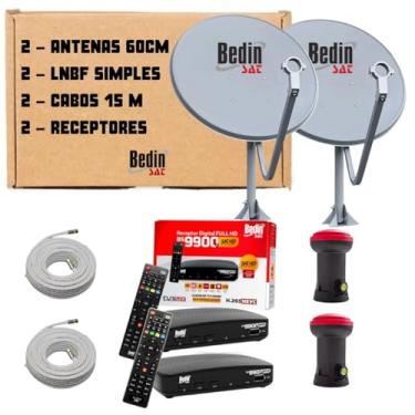 Imagem de Kit Antena Completo Bedin Sat Banda Ku 2 Antenas + 2 Cabos 15M + 2 Lnbf Simples + 2 Receptores