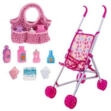 Imagem de Kit Carrinho de Boneca Rosa + Bolsa Enxoval Acessórios - DM Toys