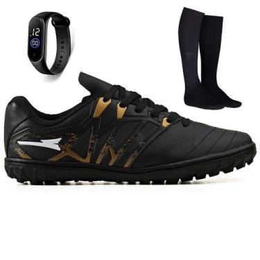 Imagem de Kit Chuteira Futebol Society Bico de Couro Campo Grama Sintetica + Mei