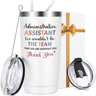 Imagem de Qtencas Presentes de Dia Profissional Administrativo para Assistente Administrativo, Obrigado, Copo de Viagem Isolado de Aço Inoxidável, Presentes de Assistente Administrativo (590 ml, Branco)
