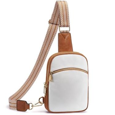 Imagem de Yarnic Bolsa tiracolo pequena para mulheres, bolsas transversais antifurto, pochete RFID, bolsas transversais de viagem, bolsa de peito de couro sintético vegano, Branco + marrom, Clássico