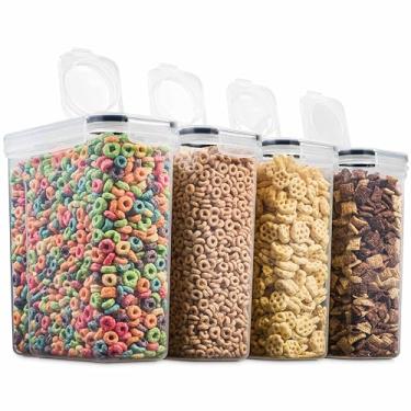Imagem de Conjunto de 4 recipientes de plástico para armazenamento de alimentos grandes e secos sem BPA, tampa hermética adequada para cereais, farinha, açúcar, café, arroz, nozes, lanches, comida para animais de estimação e mais (4L, 43, 45,9 onças)