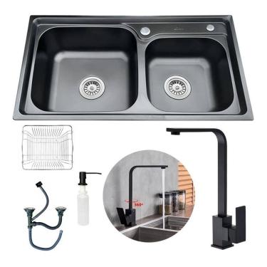 Imagem de Kit Cuba Cozinha Pia Dupla E Torneira Perfil Em L Slim Luxo