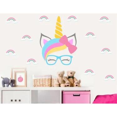 Imagem de Adesivo De Parede Unicórnio Óculos Laço Kit Arco Iris - pinkie