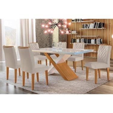 Imagem de Sala De Jantar Completa Imperatriz Tampo Madeirado C- Vidro Canto Curvo 180x90 E 6 Cadeiras Jade Imbuia-off White - Suede Creme - Rufato