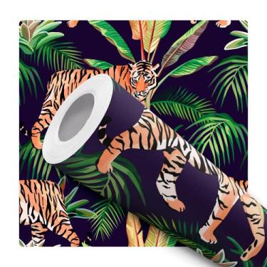 Imagem de Papel De Parede Adesivo Lavável Tigre De Bengala Folha Verde Abstrato 