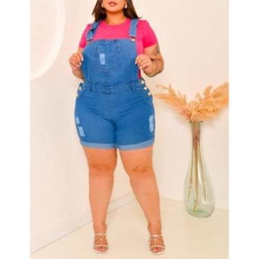 Imagem de MACACAO JARDINEIRA JEANS FEMININA DE SHORTS DESTROYED RASGADA PLUS SISE LANÇAMENTO-Feminino