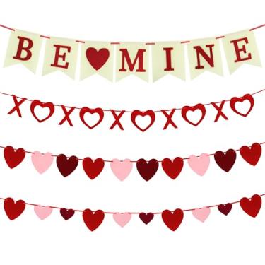 Imagem de 4 peças de banner de coração horizontal, decoração de feltro para o dia dos namorados, guirlanda de coração vermelho rosa vinho tinto decoração de festa romântica interna ao ar livre para janela de