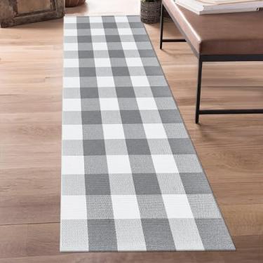 Imagem de Aoczes Tapete xadrez Buffalo 6 x 1,8 m, cinza e branco, tapete de algodão tecido à mão, tapete lavável para corredor/cozinha/lavanderia/quarto/sala de estar