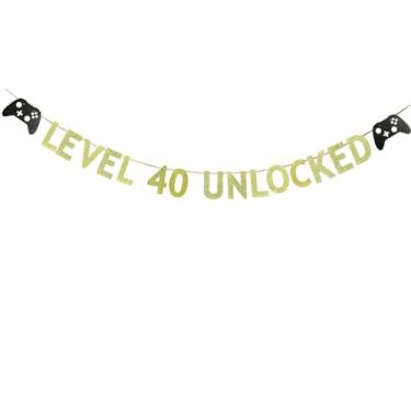 Imagem de KUNGOON Banner de aniversário desbloqueado de nível 40 de videogame, placa de papel com glitter dourado engraçado para homens ou mulheres, faixa de aniversário de 40 anos, decoração de festa de